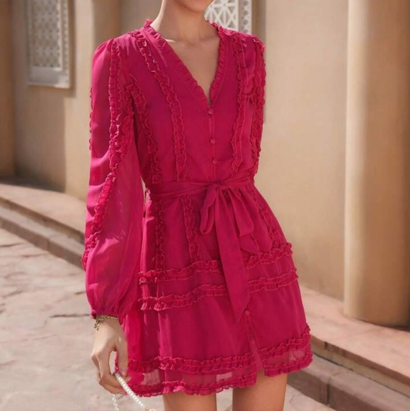 Elegant And Graceful Resort Design V-Neck Splicing 3D Ruffle Trim High-Waist Wom - Picture 1 of 6